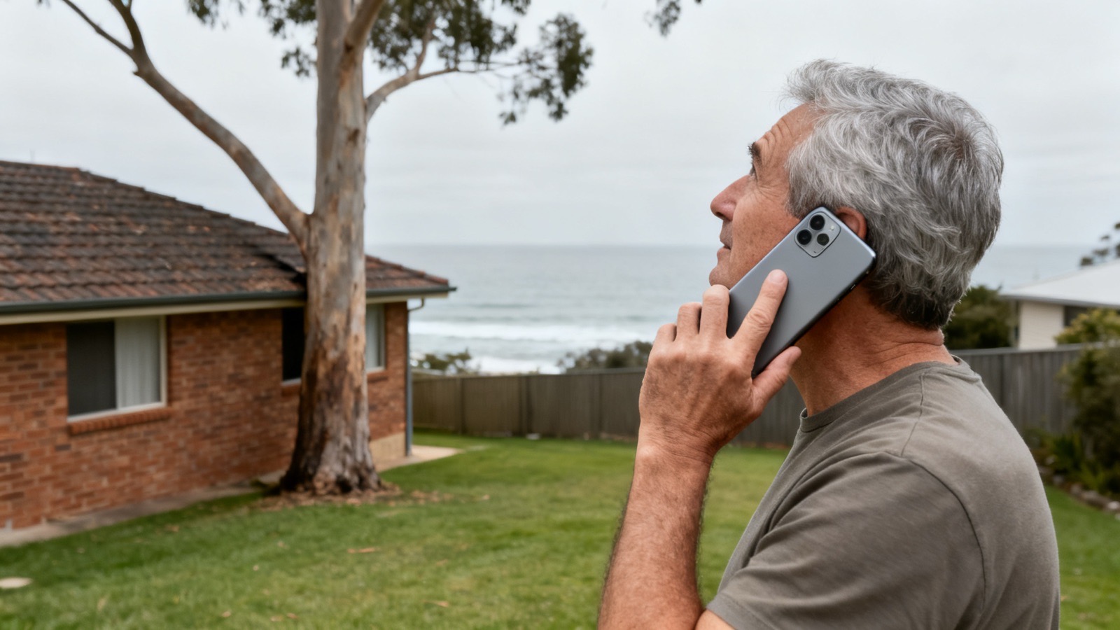 A grey haired man in his back yard on the phone, looking up at a tall gum beside the house